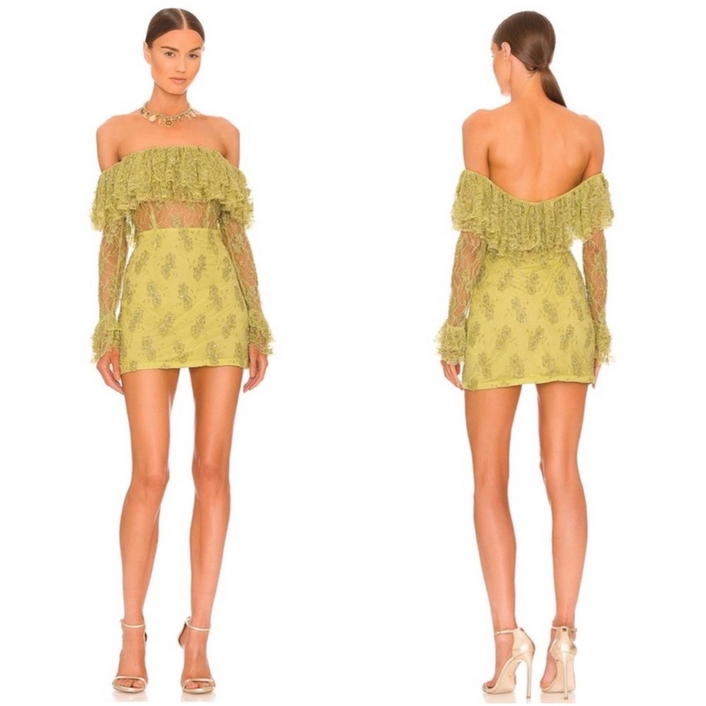 Retrofete Lime Green Sequined Castella Off the Shoulder Mini Dress Size M